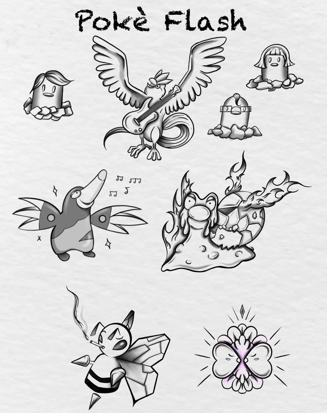 Collection of cartoon-style characters including a bird with a guitar, a fish with musical notes, a smoking cigarette, a butterfly with a glowing outline, a fire-breathing character, a girl with a bob haircut, and a small robot. The title says 'Poké Flash' at the top.