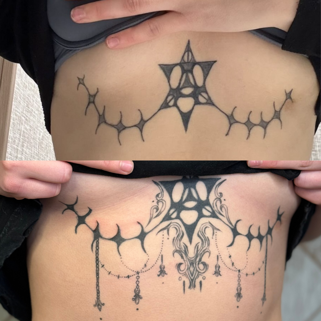 Fine line ornamental sternum tattoo redesigned with symmetrical linework and decorative details