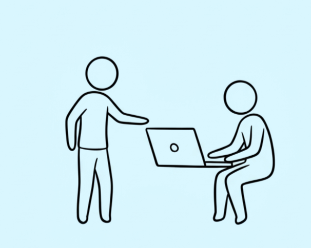 An image created by Mckenzie Golden using Gemini a stick figure sitting with a laptop and another person helping them, pointing at the screen.