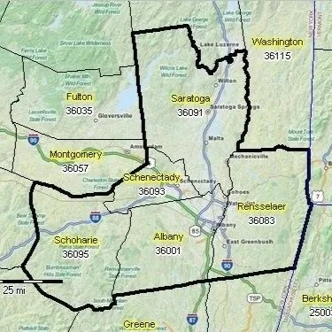 Map of New York counties with labels indicating Fulton, Montgomery, Schoharie, Schenectady, Saratoga, Rensselaer, Albany, Washington, and other counties, along with their zip codes.