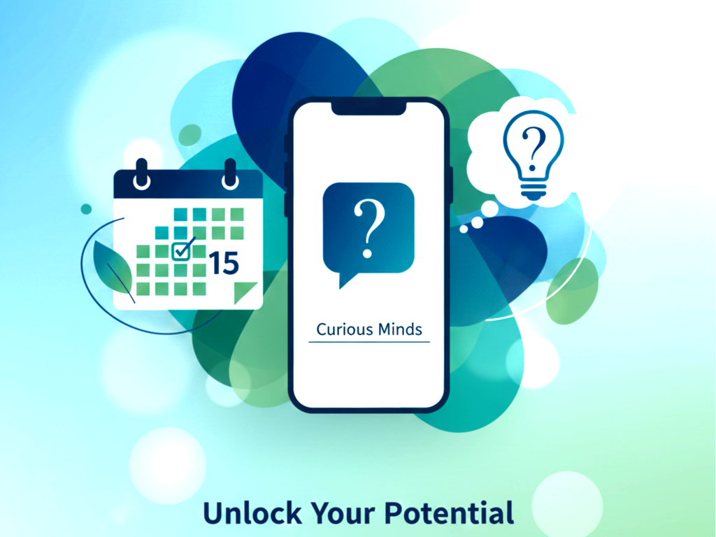 Digital illustration with a smartphone in the center displaying 'Curious Minds' and a question mark, surrounded by icons of a calendar, a light bulb with a question mark, and abstract shapes, promoting unlocking potential and curiosity.