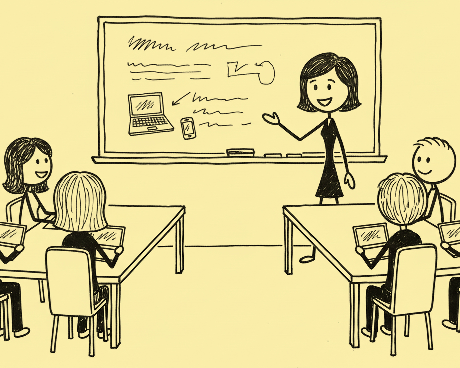 An image created by Mckenzie Golden using Gemini of a small classroom with four adult students with tablets and cellular phones in their hands looking at a female teacher pointing at a whiteboard with a laptop and cellular phone on it.