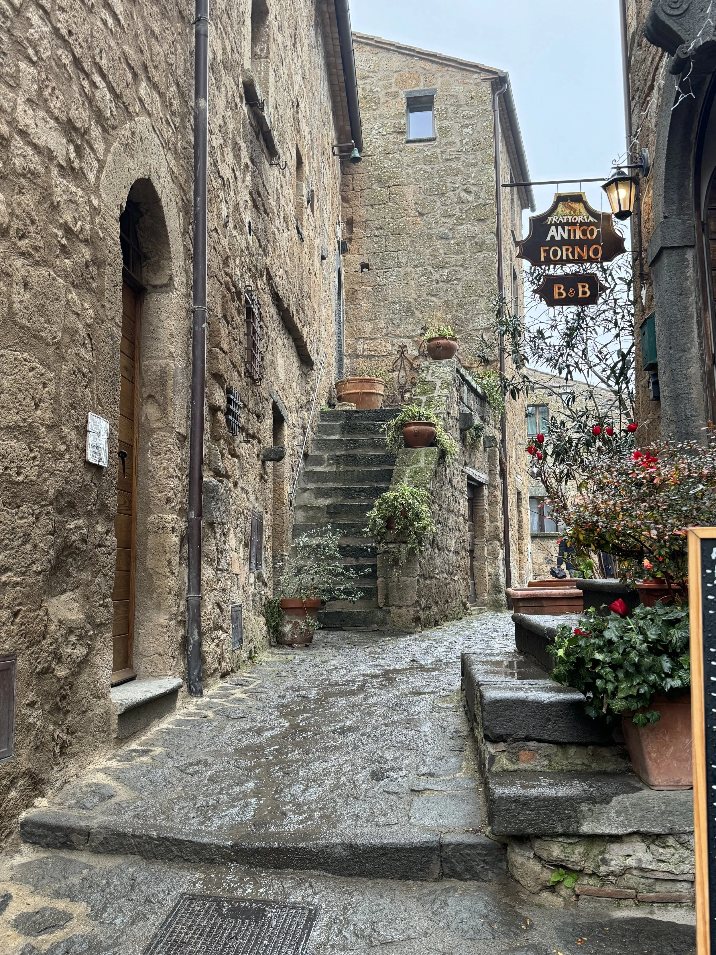 A narrow cobblestone alleyway in an old European town with stone buildings and stairs. Potted plants and flowers decorate the area, and a sign hangs from a building advertising a trattoria, forno, and bed and breakfast.