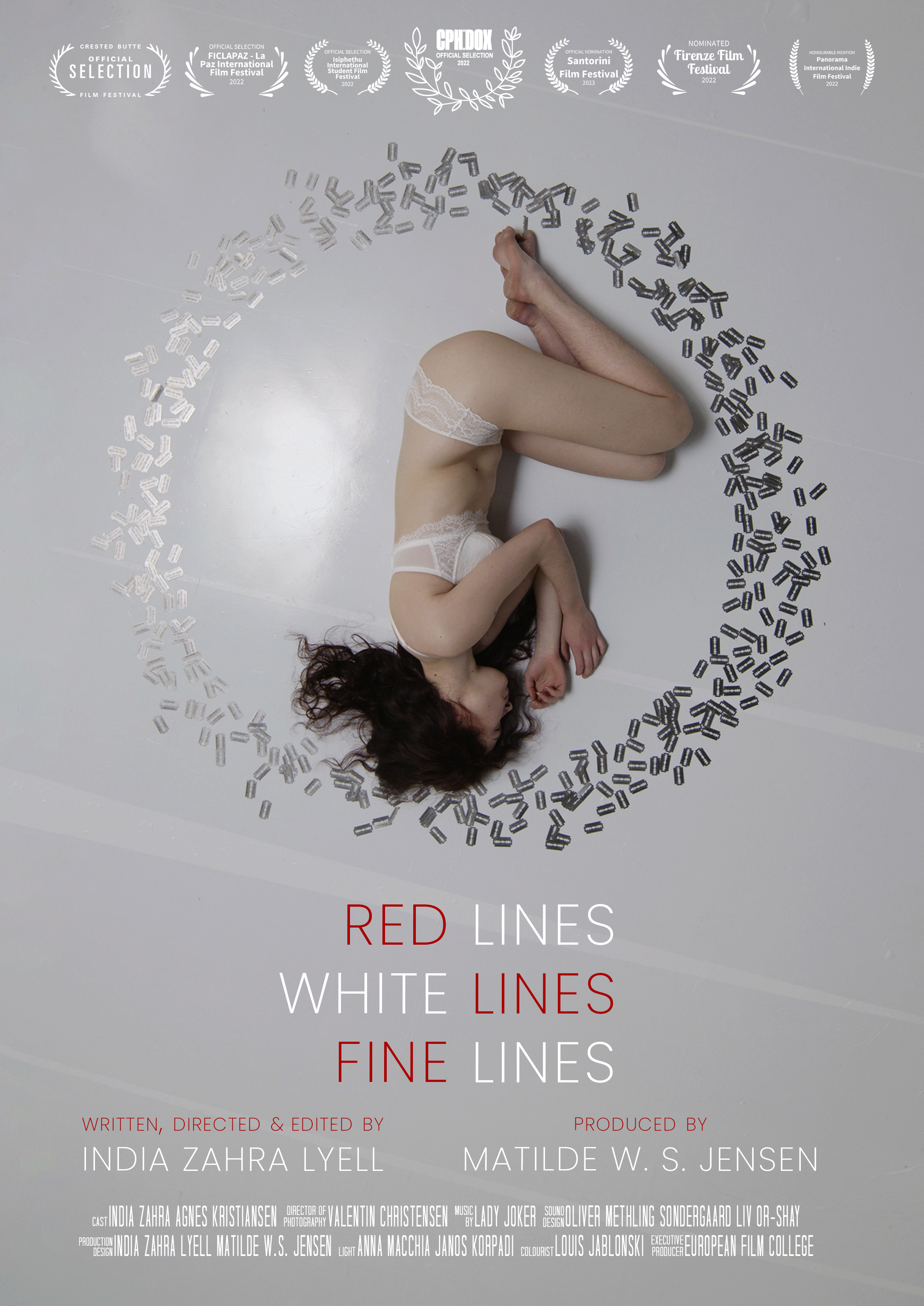 Poster for a film titled "Red Lines, White Lines, Fine Lines" featuring a woman curled up on the floor in underwear, surrounded by scattered pills forming a circular pattern.