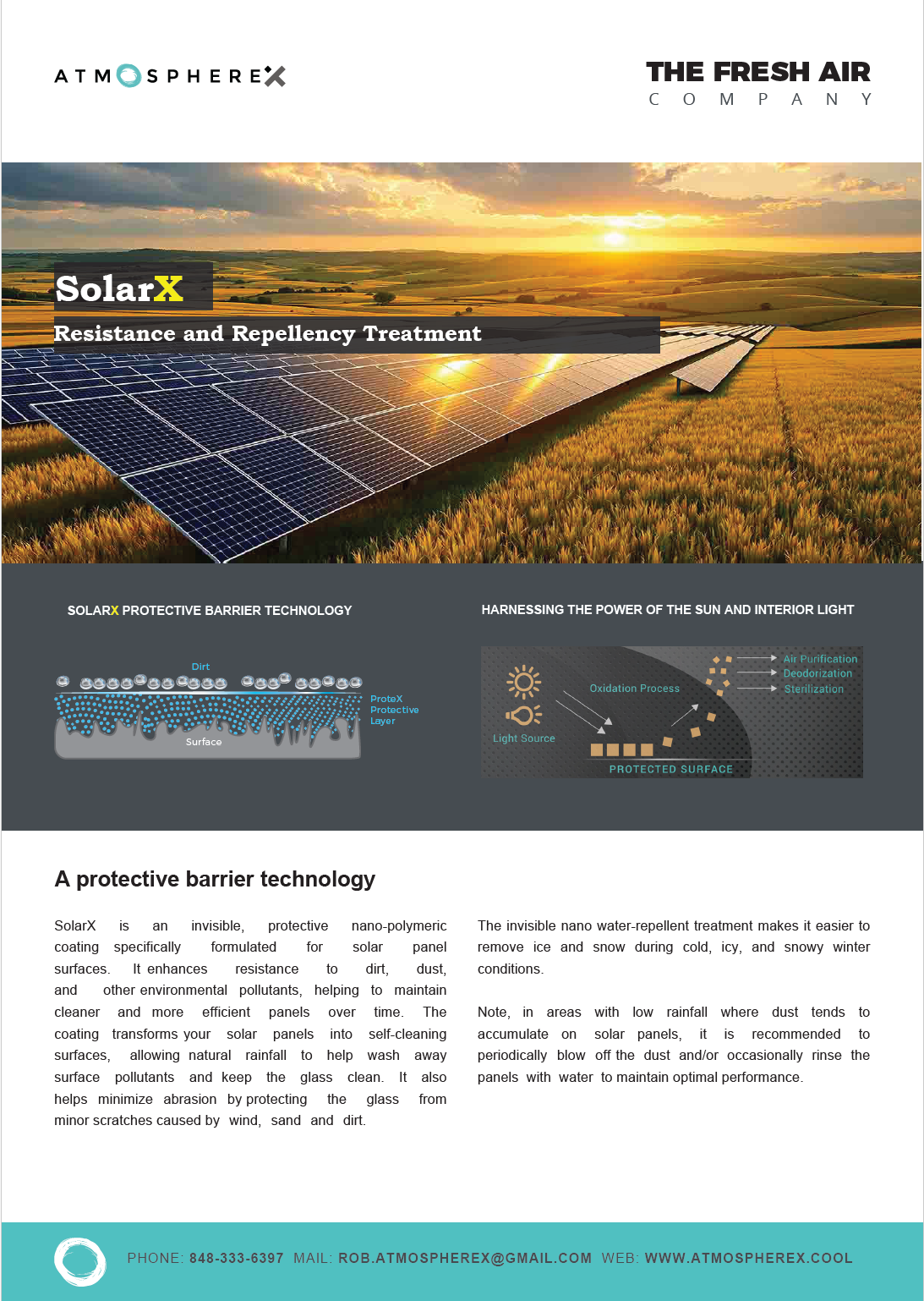 A promotional flyer for SolarX, a protective barrier technology for solar panels, featuring an image of solar panels on a sunny farmland at sunset, with diagrams illustrating the protective layer and its benefits.