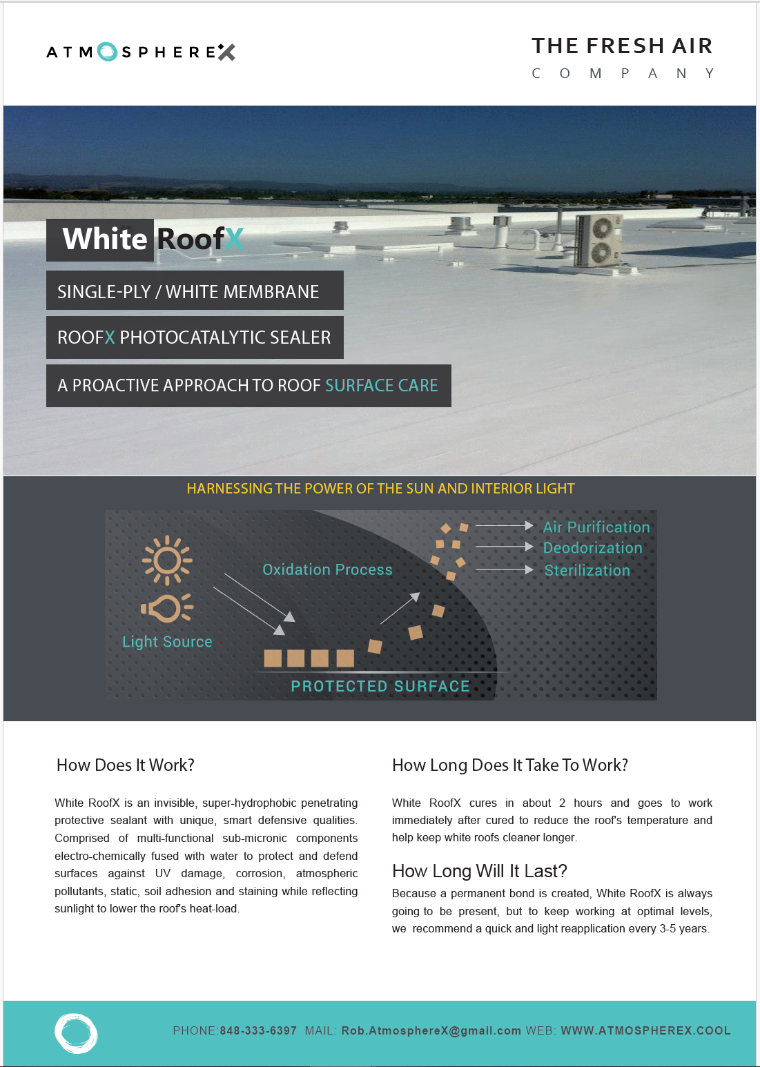 Advertisement for White RoofX from AtmosphereX, featuring an image of a white roof surface, product features, and diagrams explaining the oxidation process for roof protection.