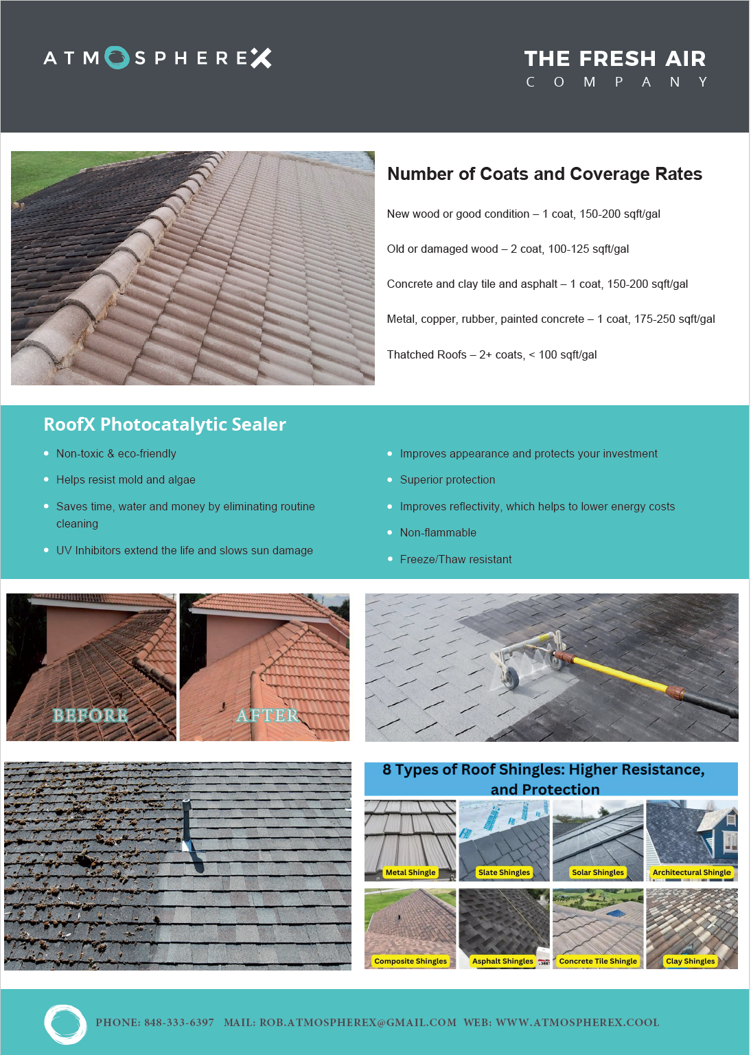 Infographic detailing roof coating options and benefits. Shows before and after images of roof renovation, a roof resurfacing process, and eight types of roof shingles including metal, slate, solar, architectural, composite, asphalt, concrete tile, and clay shingles. Highlights product features like eco-friendliness, durability, and energy efficiency.