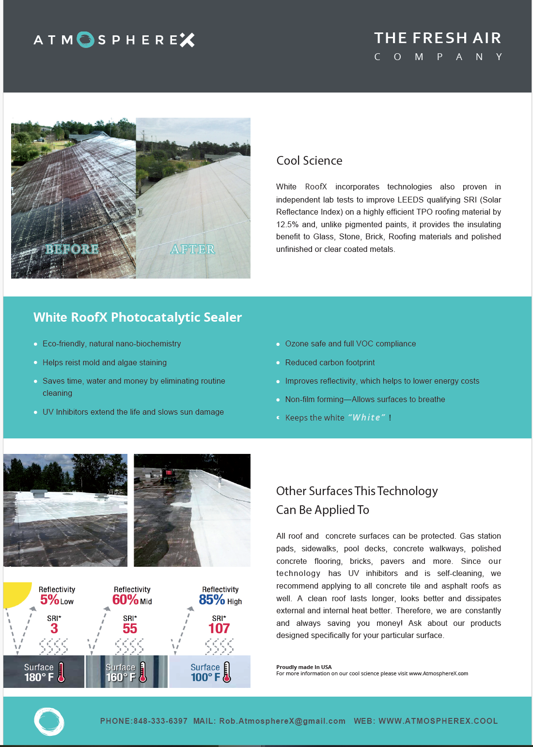 A promotional flyer for AtmosphereX's RoofX photocatalyic sealer, showing before and after images of a roof treated with the product, with text detailing the benefits and applications of the sealer for various surfaces.