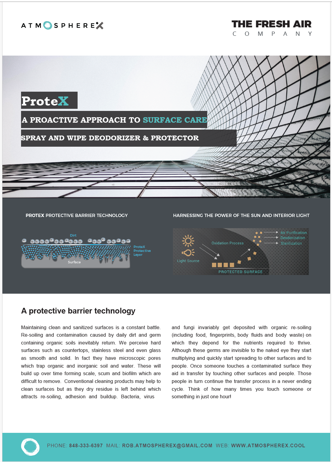 Company flyer for ProtexX surface care spray and wipe deodorizer and protector, featuring a modern city skyscraper background, and diagrams illustrating protective barrier technology and the process of harnessing sunlight for surface sterilization.