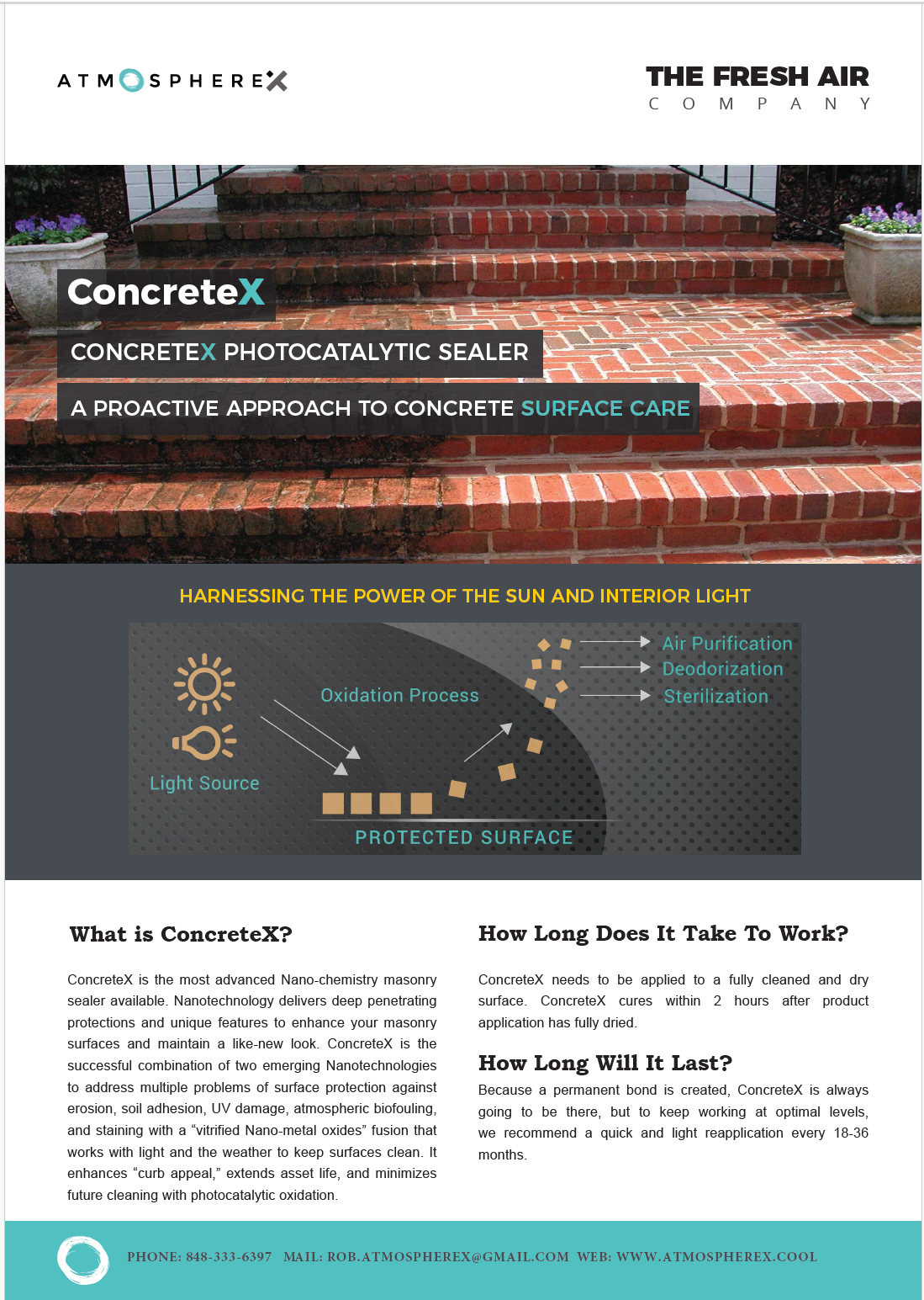 Poster advertising ConcreteX, a photocatytic sealer for concrete surfaces, showing a brick staircase and illustrating the oxidation process with sun and light source, and explaining its features and benefits.