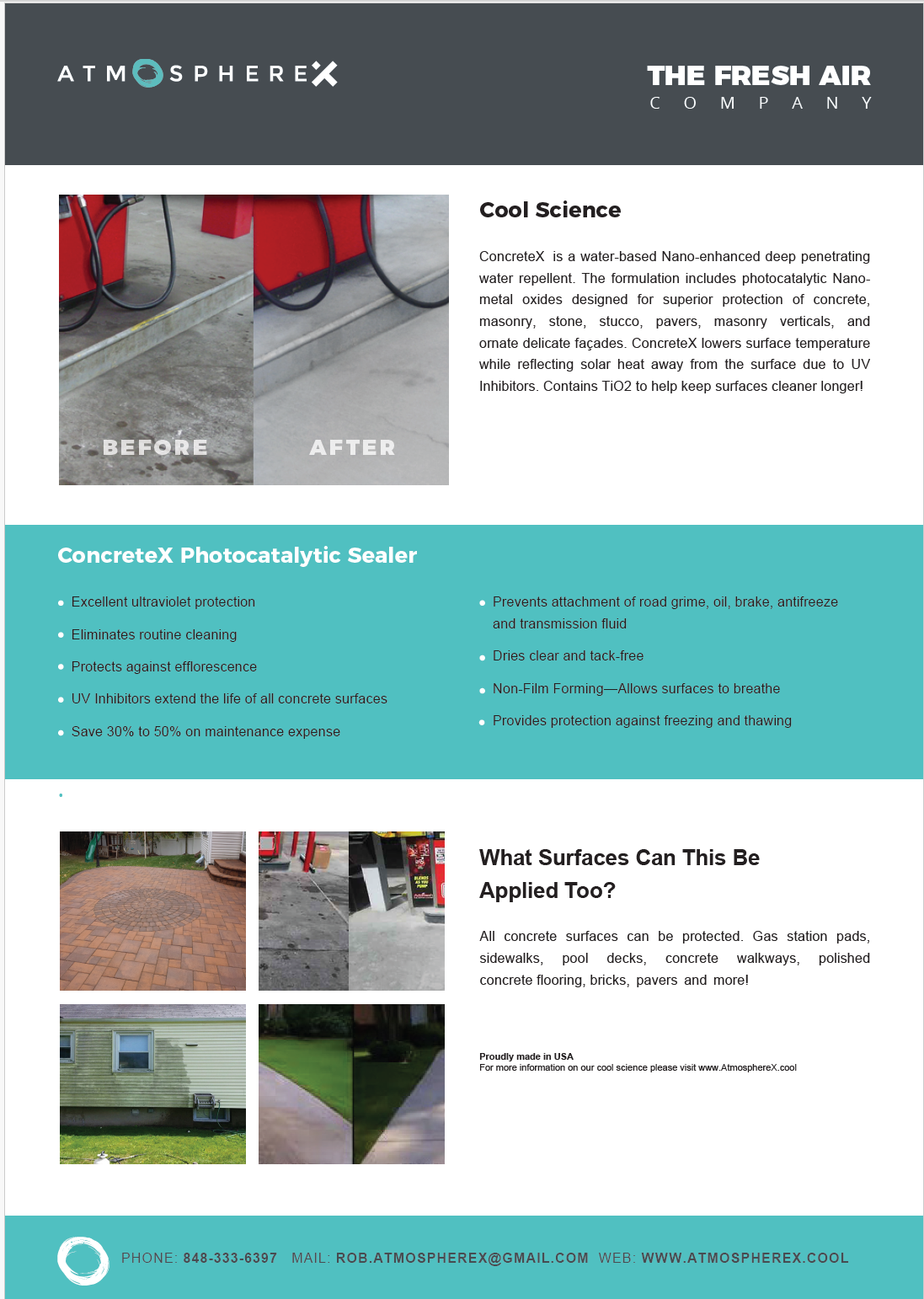 A promotional flyer for AtmosphereX showcasing a before and after comparison of a concrete surface treated with ConcreteX, a water-based nano-enhanced deep penetrating water repellent. The flyer highlights the product's benefits such as UV protection, resistance to oil and grime, and its suitability for various surfaces like concrete, brick, and pavers.