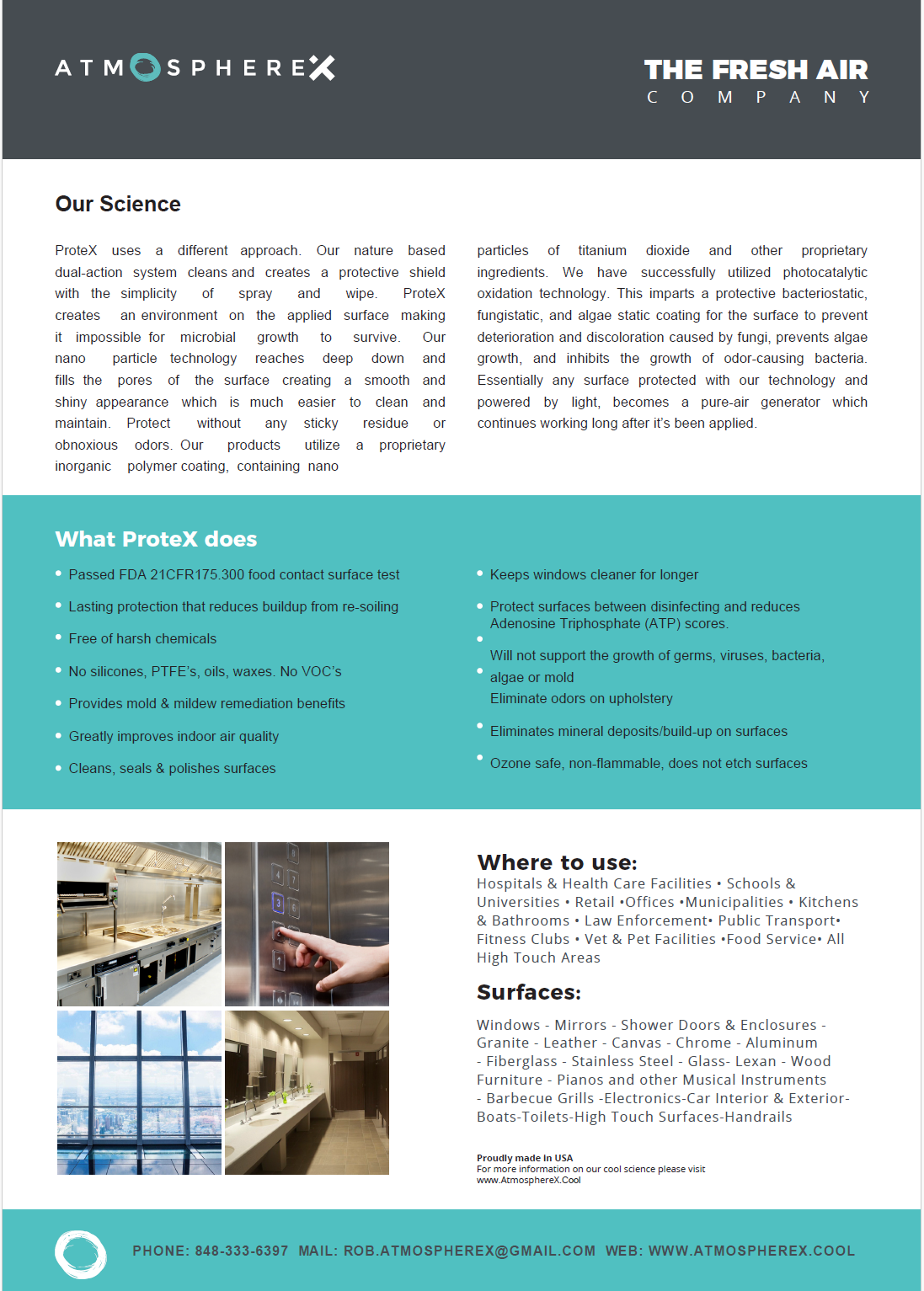 Infographic displaying information about AtmosphereX ProtexX surface protection technology, its benefits, applications, and compatible surfaces.