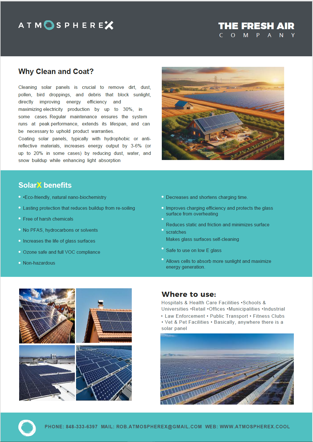 Informational flyer about solar panels and their benefits, featuring images of solar panels on rooftops and a landscape with solar panels.