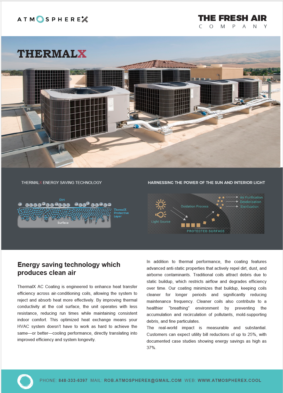 Image of rooftop air conditioning units with a background of mountains and blue sky, along with informational graphics about thermal energy saving technology and the company's contact information.