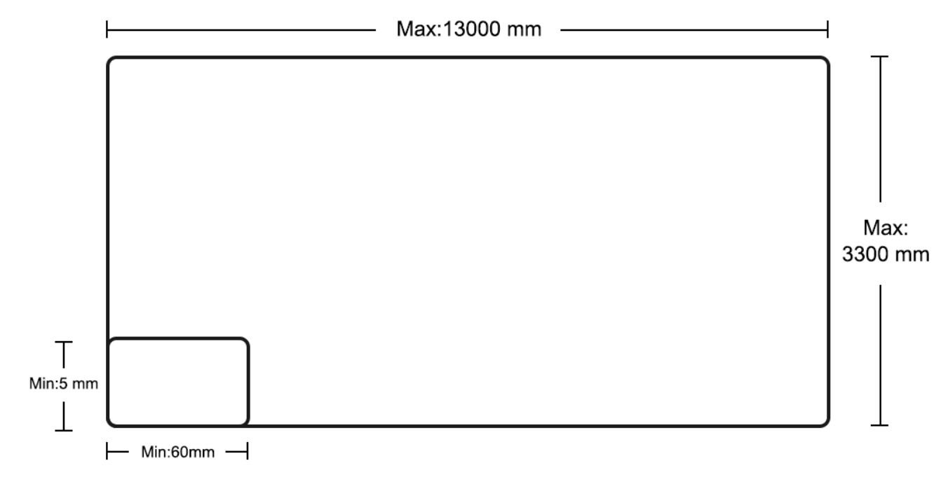Technical diagram of a rectangular object with dimensions labeled, including a smaller rectangular section in the bottom left corner, with specifications for maximum and minimum measurements in millimeters.