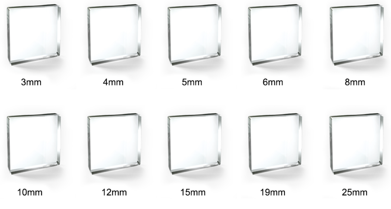 Set of ten glass prisms arranged in two rows, labeled with different thickness measurements from 3mm to 25mm.