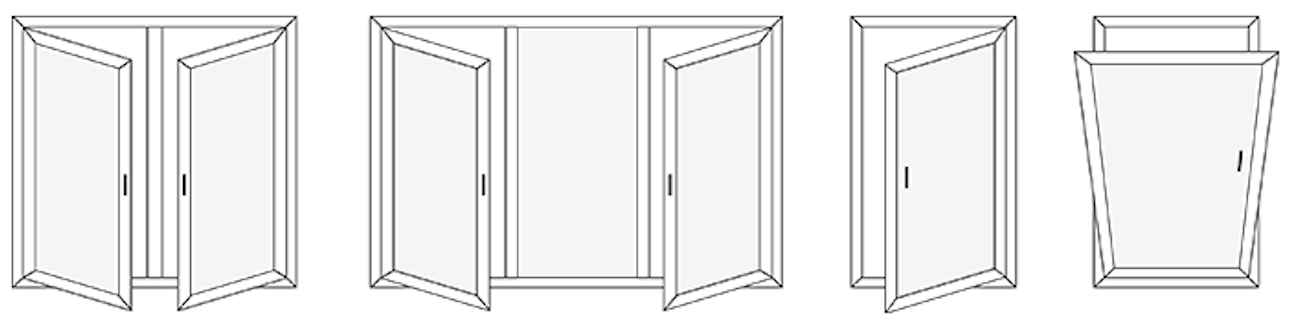 Line drawing of four different types of folding or sliding doors.