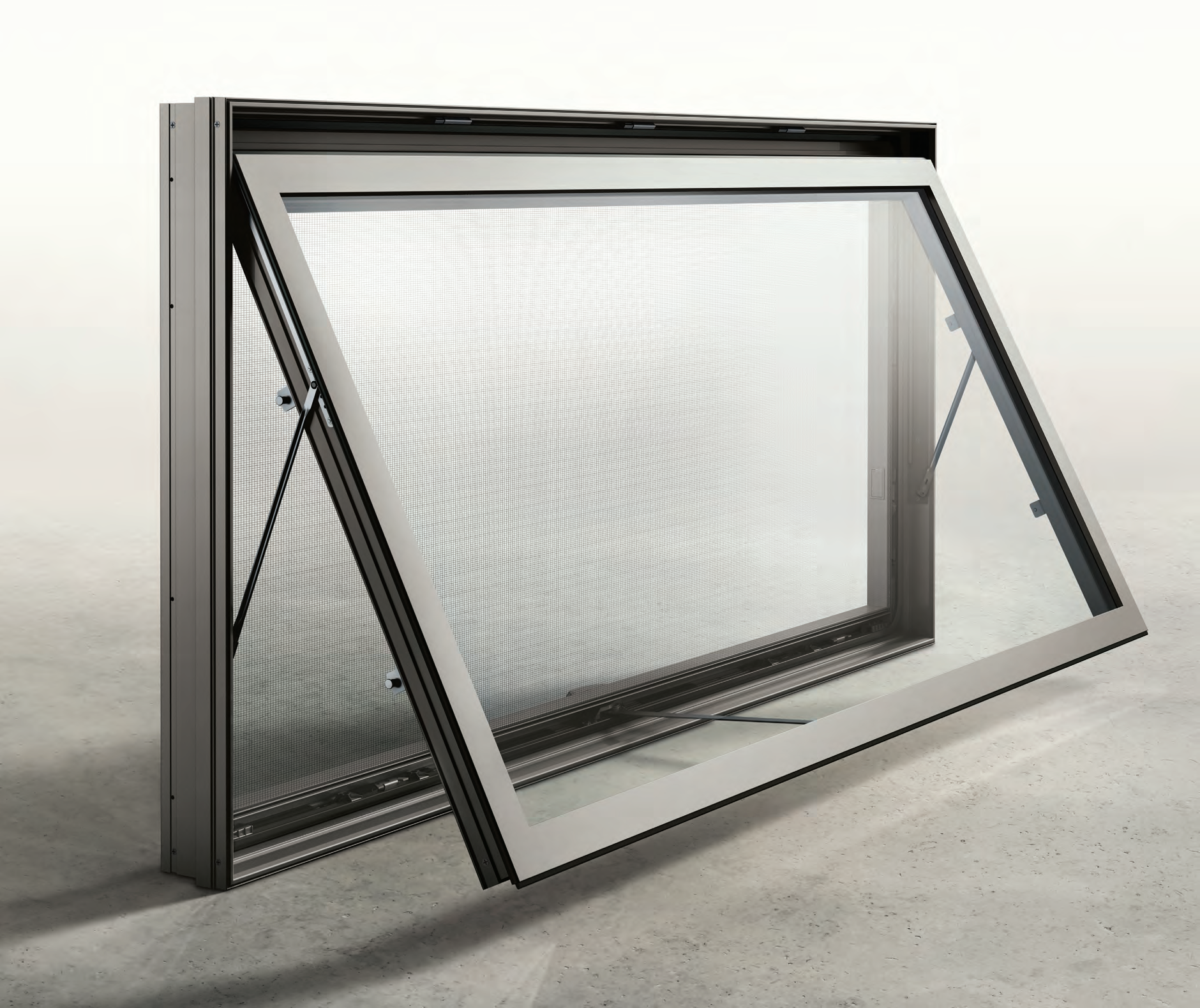 A window with a metal frame and a screen, with the screen partially lowered, placed on a light-colored surface.