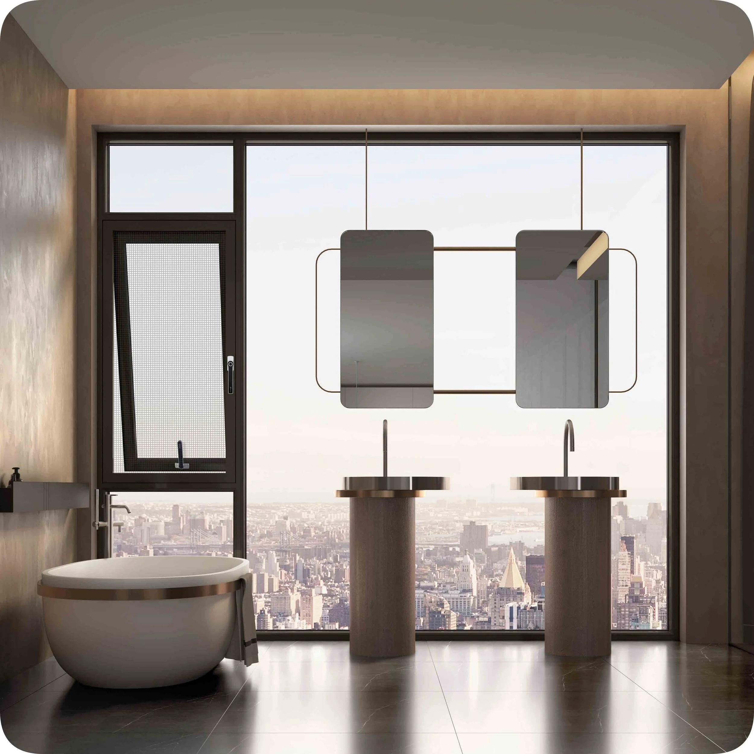 Modern bathroom with large floor-to-ceiling window showcasing a city skyline, featuring a freestanding bathtub, two pedestal sinks, and a decorative mirror.