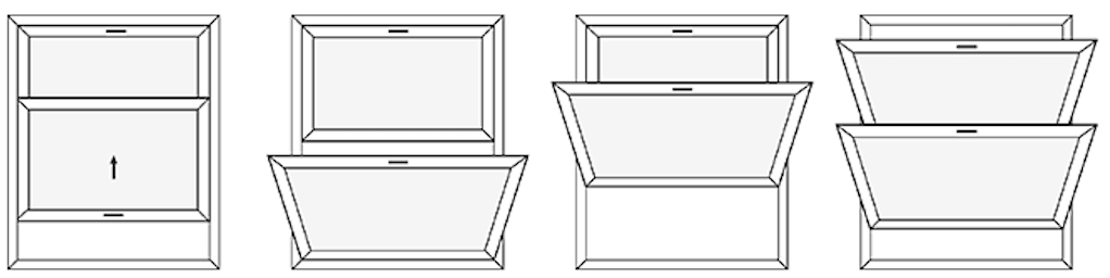 Series of four boxes with raised flaps, illustrating different stages of opening or closing.