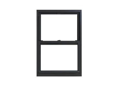 A black, rectangular window frame with two panes, one at the top and one at the bottom, set against a plain white background.