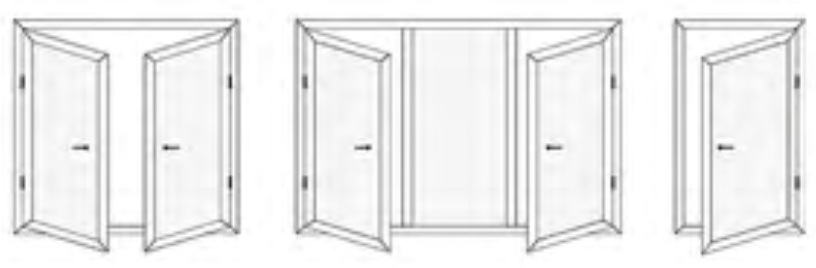 Line drawing of a wall with three double doors open and a cabinet with two double doors in the middle.