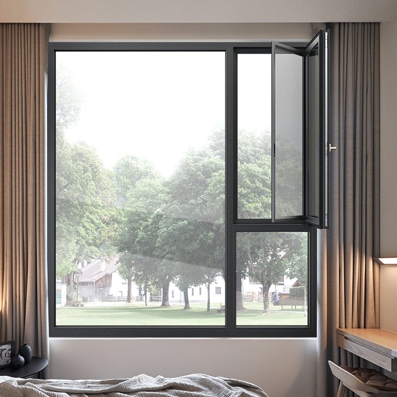 A bedroom with a large window and an open window pane, showing a view of green trees and a lawn outside.