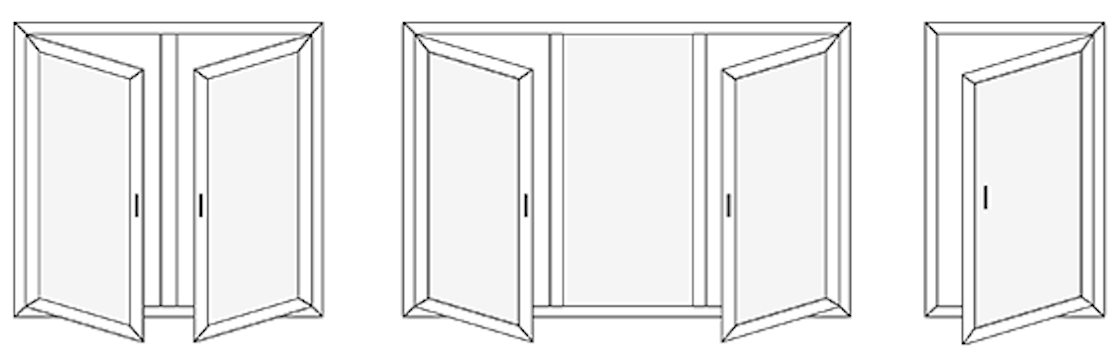 Line drawing of three different wardrobe styles with three doors, two doors, and a single door.