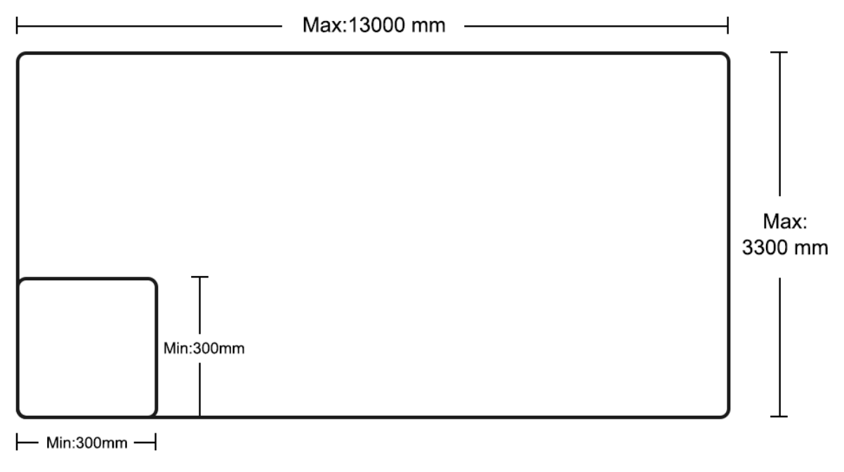 Technical diagram of a rectangular object with maximum dimensions of 13000mm in length and 3300mm in width, featuring a smaller square section measuring 300mm on each side in the bottom left corner.