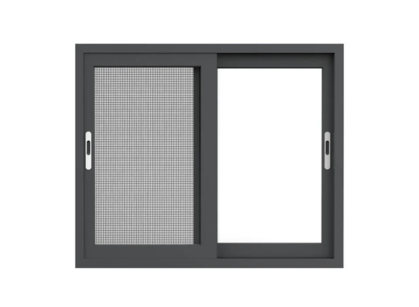 A gray, rectangular sliding window with one side screened with mesh and the other side clear glass.