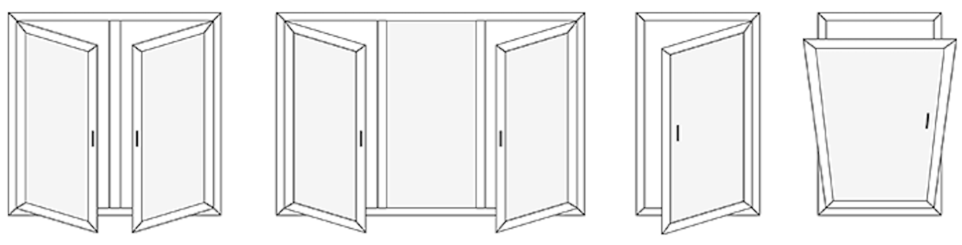 Line drawing of multiple closed and open storage cabinets or closets with doors.