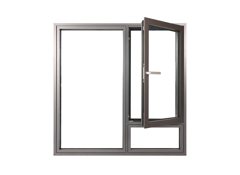 Black framed casement window with a hinged opening side, showing the open sash and handle.