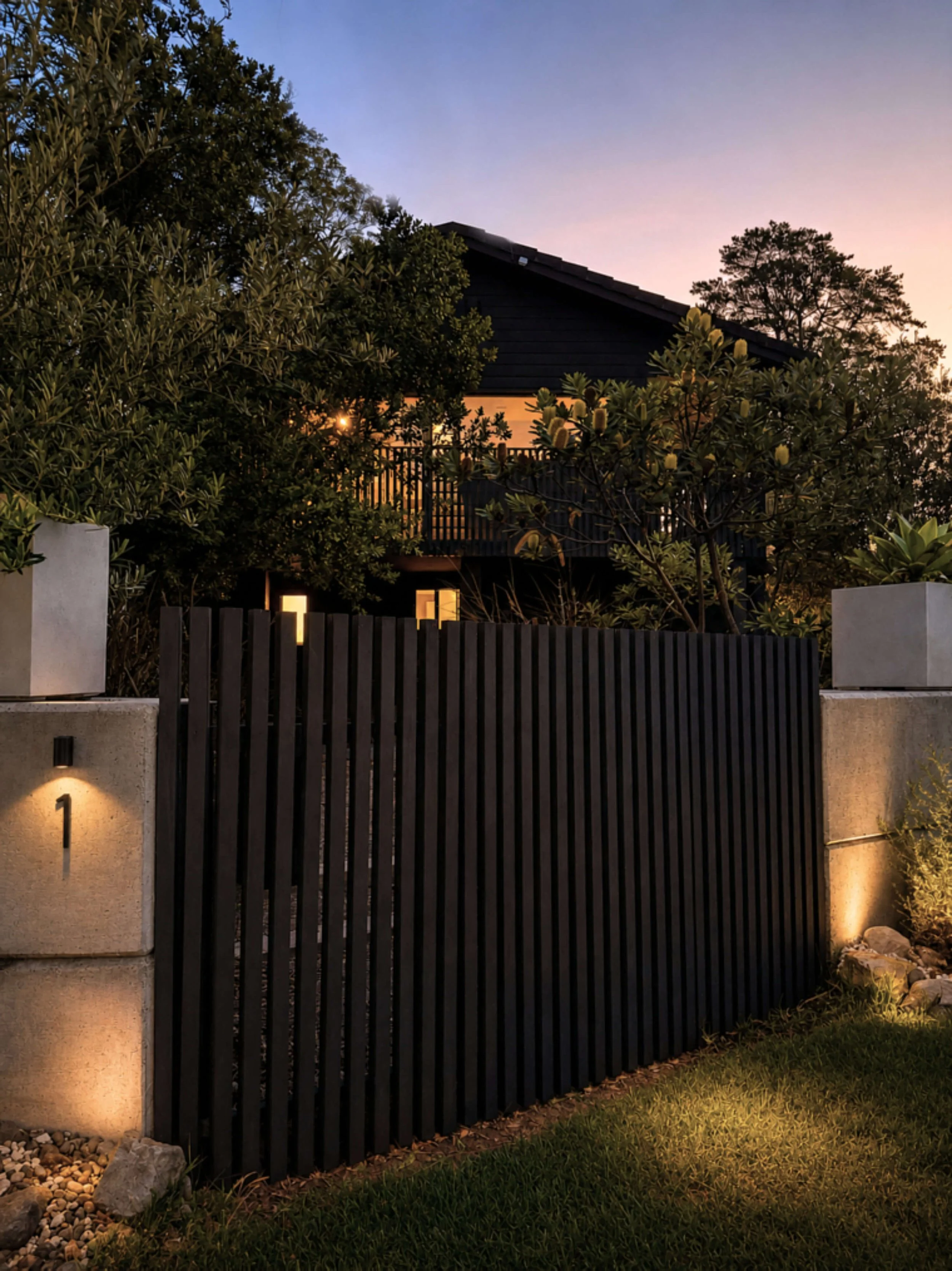 A modern house with a wooden balcony, partially obscured by trees and bushes, with external lights illuminating a concrete gate and a lawn at dusk.