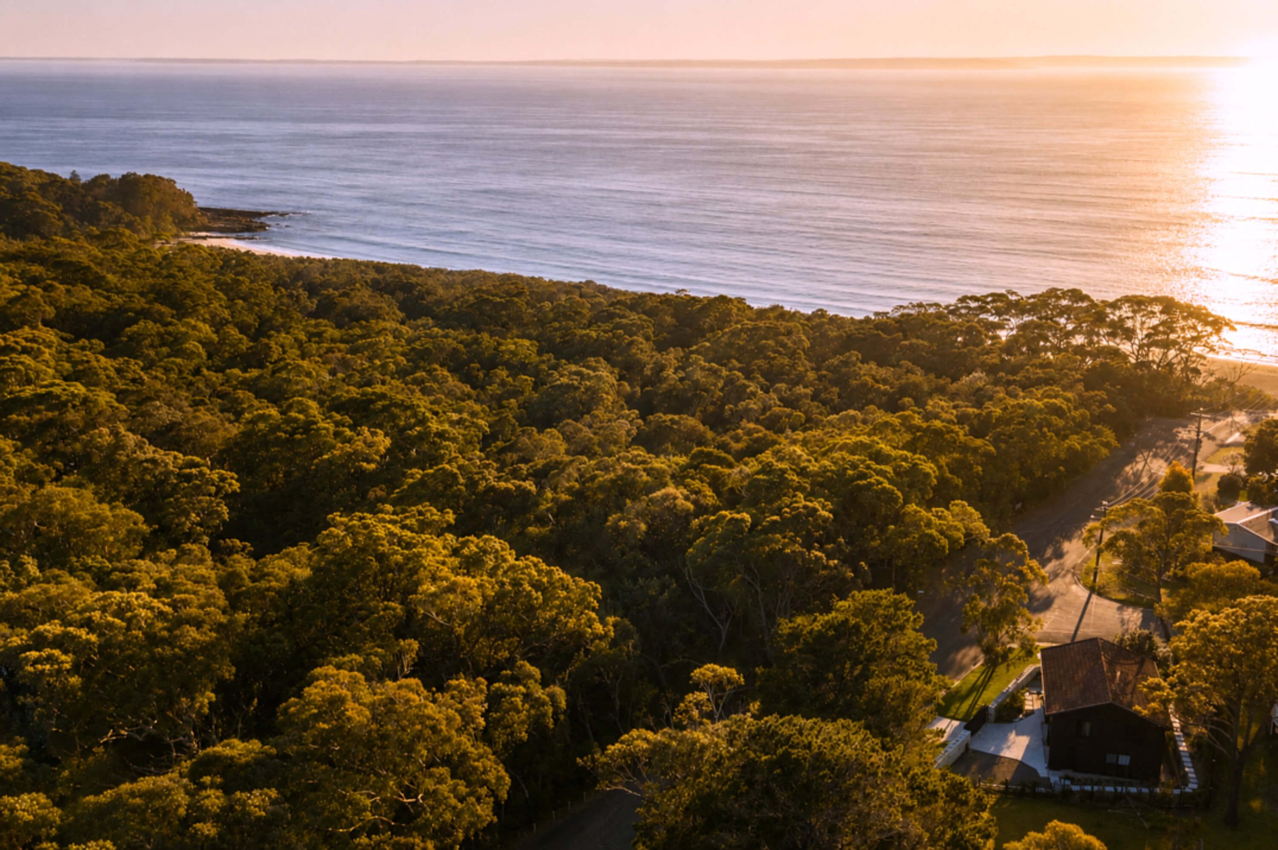 Aerial view of a coastal area with dense green forest, a few houses with white roofs, and the ocean reflecting the sunset in the background.