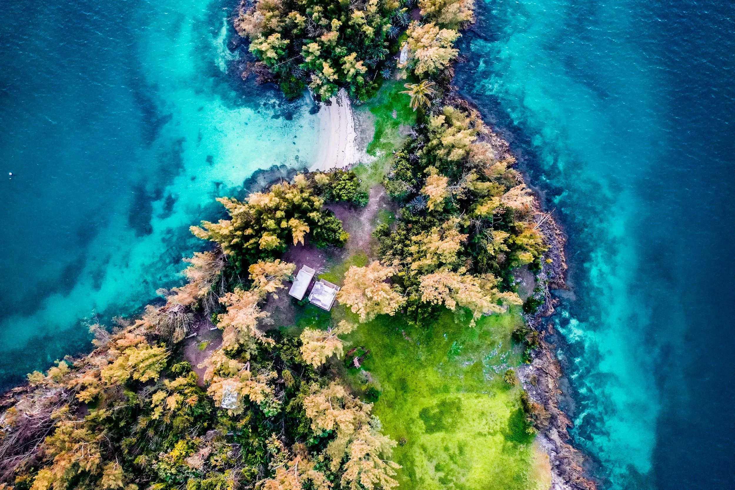 Aerial view of a small, tree-covered island surrounded by turquoise ocean waters with a sandy beach on one side and lush green grass area.