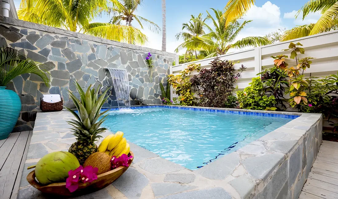 Small backyard swimming pool with a stone border, tropical plants, and a waterfall feature, under a bright blue sky with palm trees.