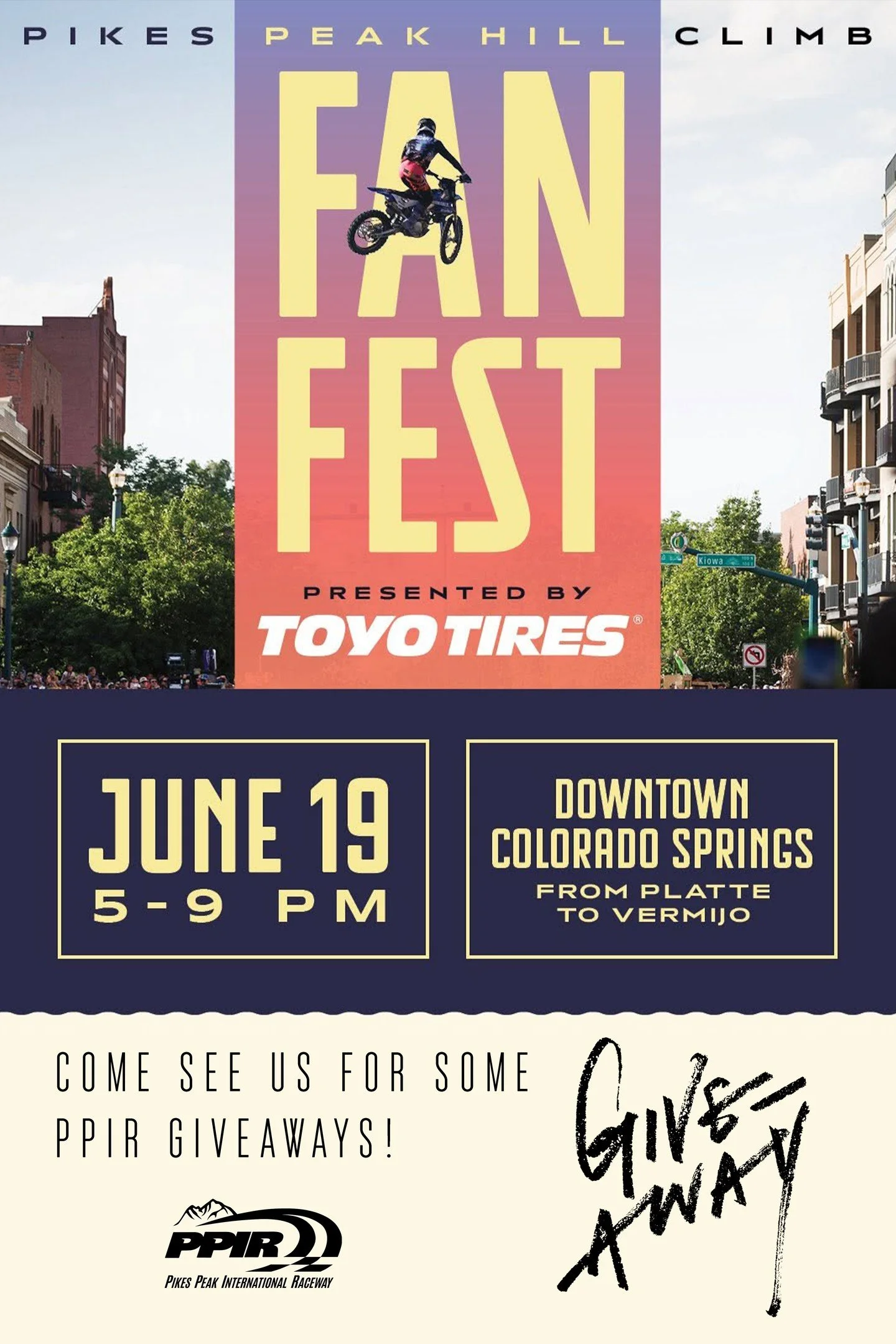 Kick off the Pikes Peak Hill Climb! Come see us at Fan Fest! We are giving away PPIR goodies all night!

You can find us off Pikes Peak Ave. West of Tejon St!

🗓️ Friday, June 19 from 5 to 9pm
Pikes Peak Ave. West of Tejon St

#PikesPeakHillClimb #F