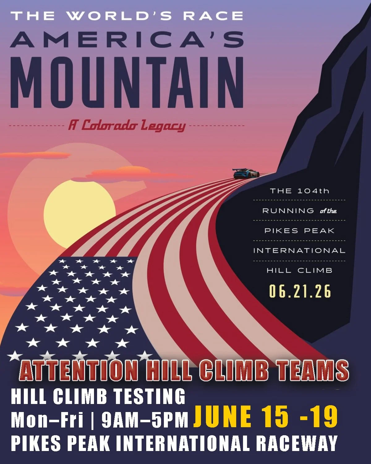 JUNE 15-19 - ATTENTION HILL CLIMB DRIVERS! TESTING is open June 15 -19

Hill Climb Drivers, need seat time before race day? Come test your setup and get ready for the hill at Pikes Peak International Raceway!
16650 Midway Ranch Rd, Fountain, CO 80817