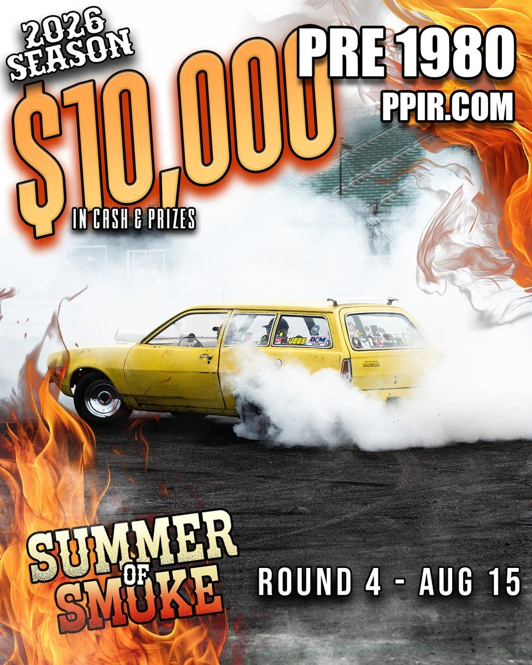 Who's wants to win some $$$ this Saturday?!

Summer Of Smoke Burnout Competition - Round 4 is coming to Hot Rod Rock and Rumble this Saturday August 15th! 2 Classes have the opportunity to WIN BIG!

Pre 1980 - $500 Cash Prize (Car Show ticket allows 