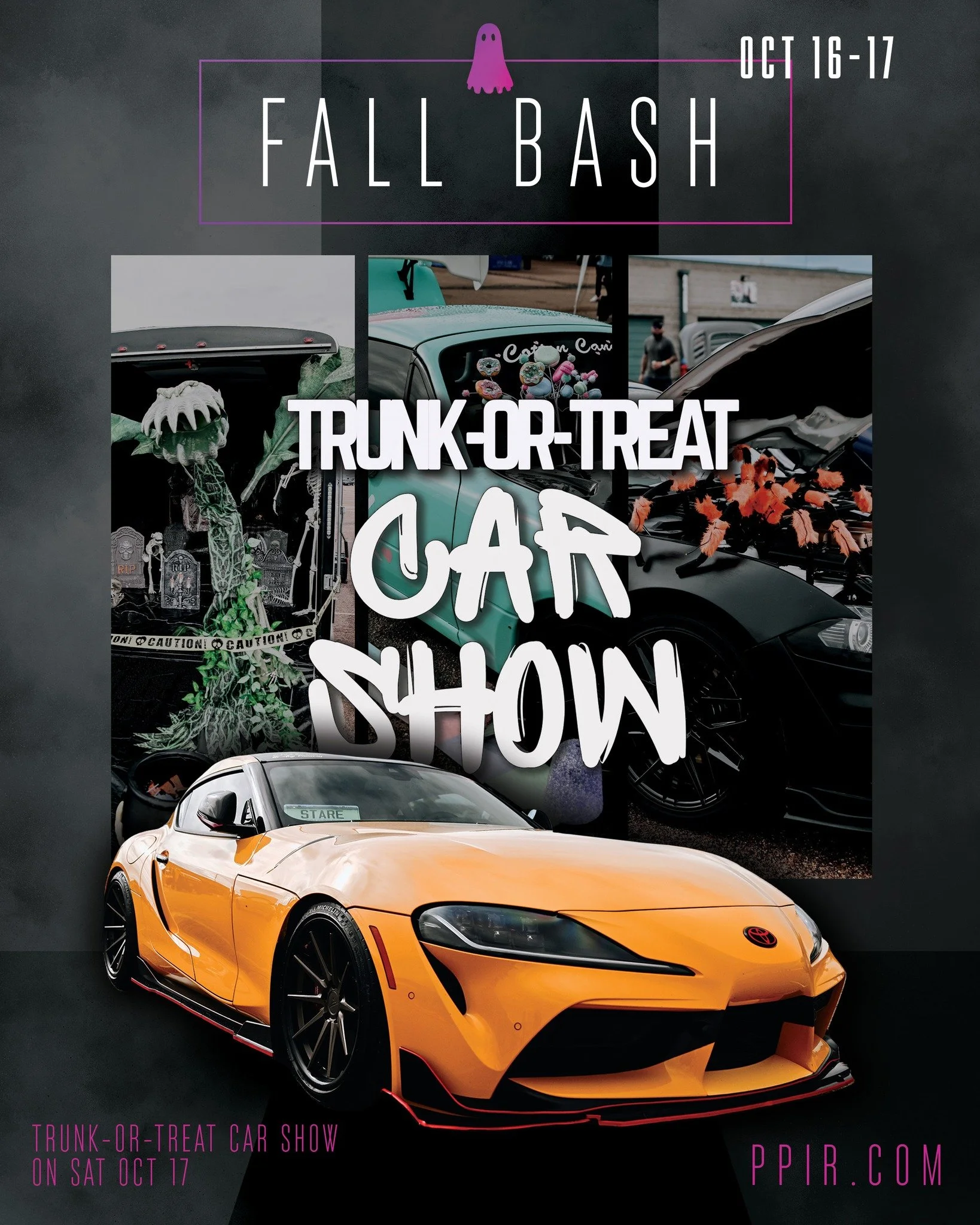 Join us for the final motorsports festival at PPIR with a Halloween-themed Trunk-or-Treat Car Show! All vehicles welcome! 

Awards:
&bull; Spookiest Ride
&bull; Creepiest Crawler
&bull; Sugar Rush
&bull; Character Car-isma
&bull; Best Trunk-or-Treat
