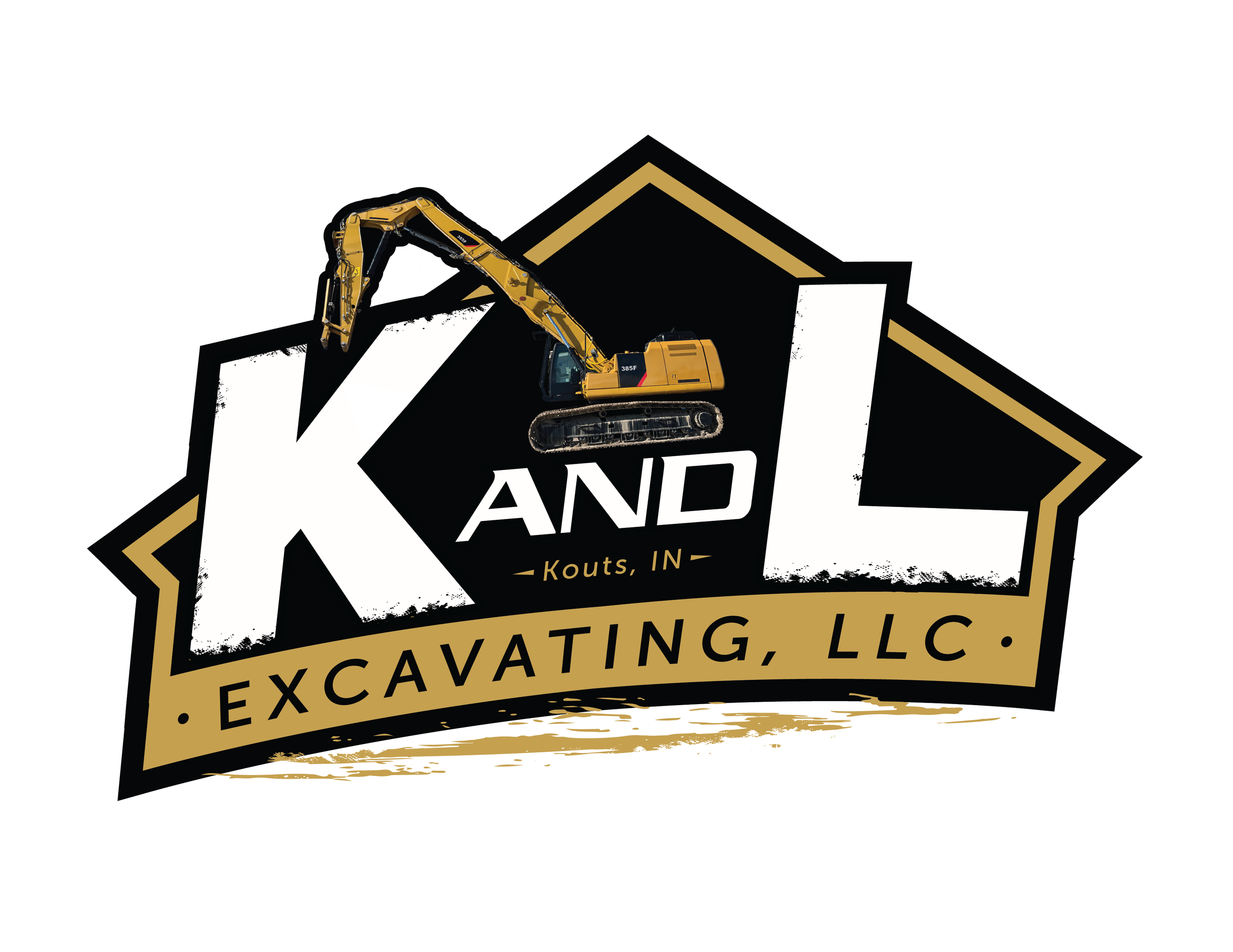 Logo of a construction and excavating company with a yellow excavator and the text 'Kouts, IN' and 'Excavating, LLC' on a black and gold background.