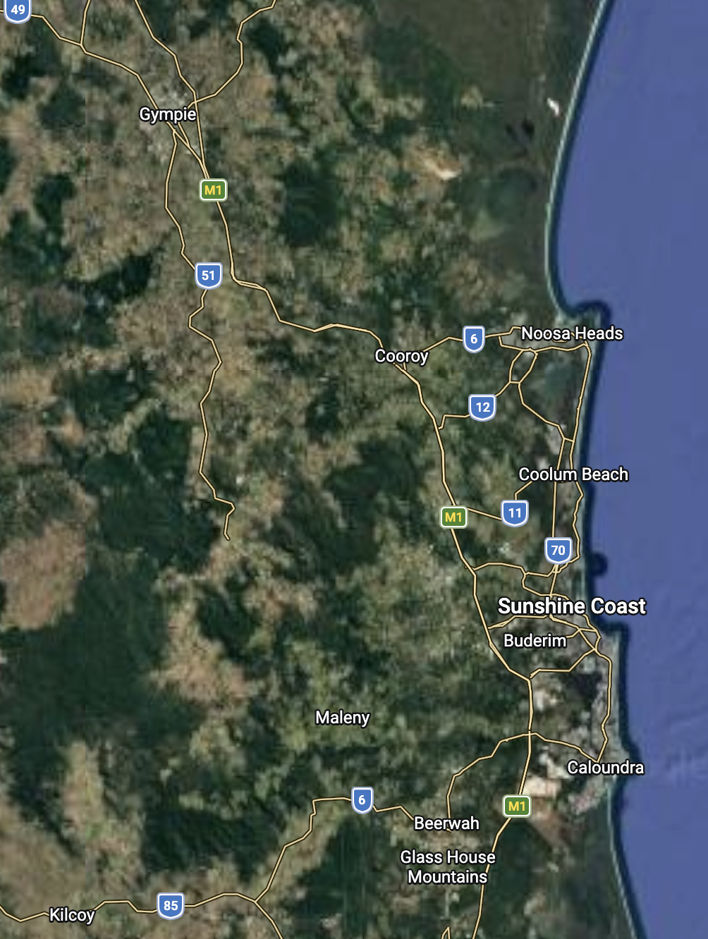Private Nursing Services in the Sunshine Coast region in Queensland, Australia, showing towns like Coolum Beach, Noosa Heads, Buderim, Caloundra, Maleny, and Kilcoy, along with highways and the coastline.