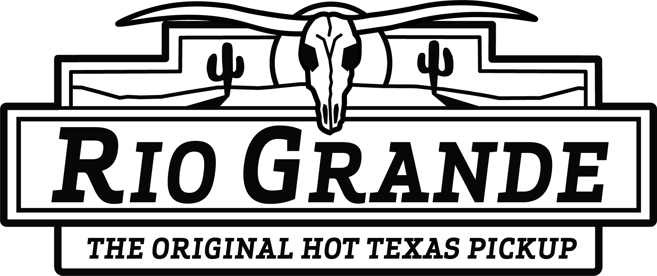 Black and white logo for Rio Grande, featuring a steer skull and the text 'Rio Grande' and 'The Original Hot Texas Pickup'.