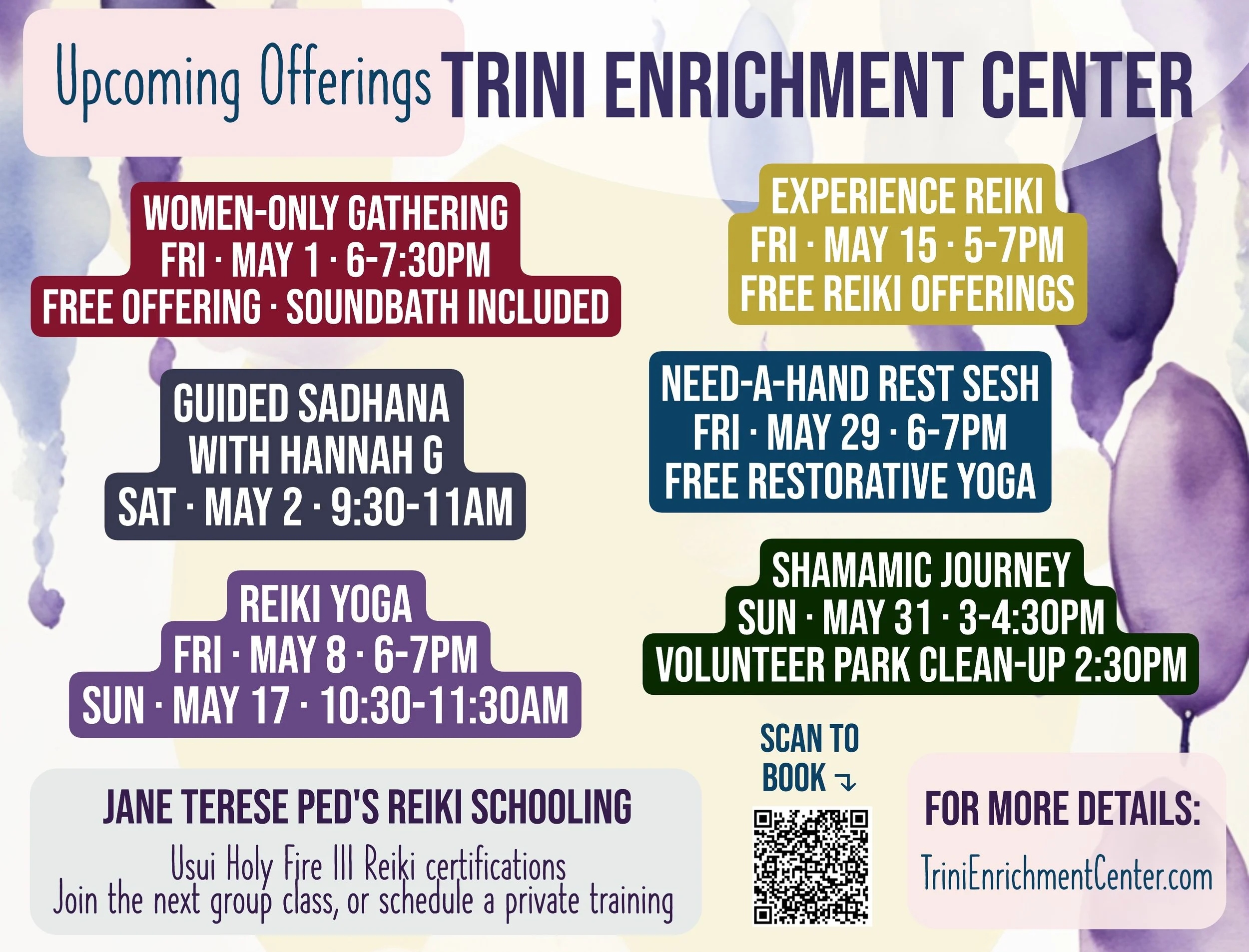 Event schedule for Trini Enrichment Center, including women-only gathering, Reiki, guided sadhana with Hannah G, need-a-hand rest session, shamamic journey, and Jane Terese Ped's Reiki schooling, with dates, times, and descriptions.