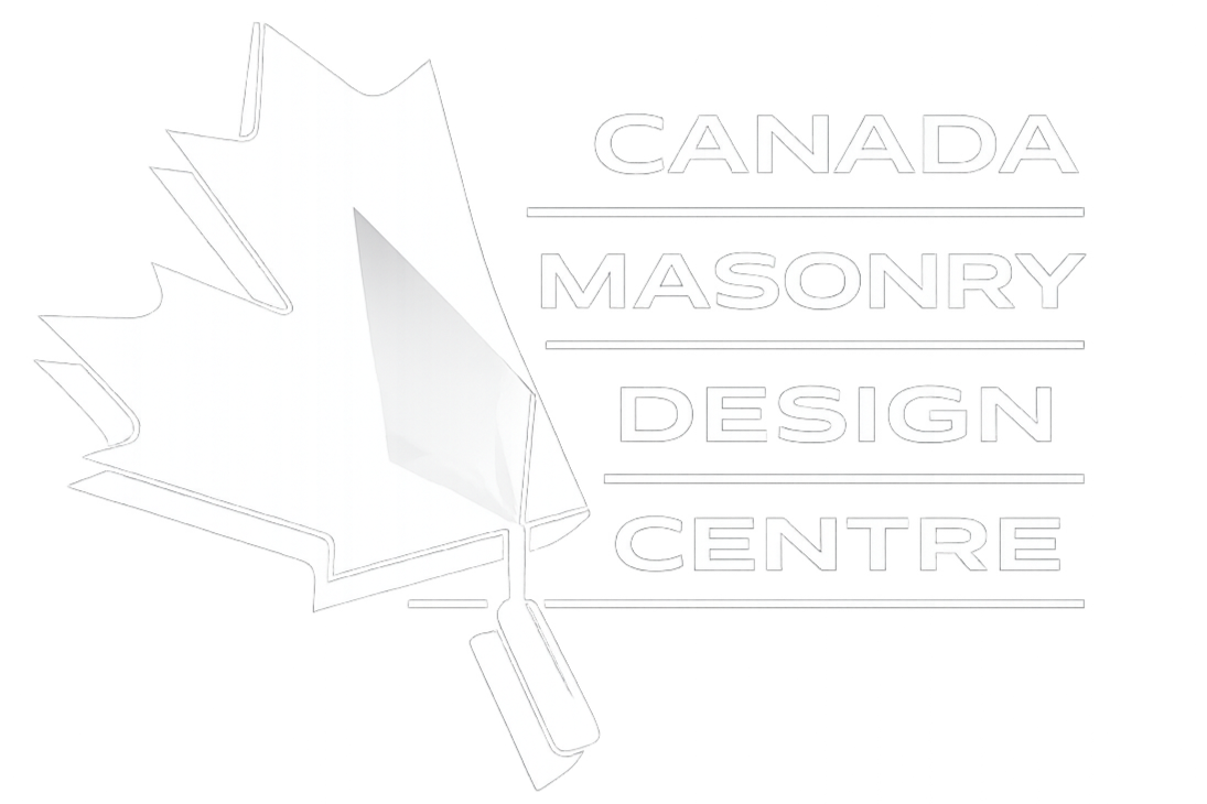 Logo for Canada Masonry Design Centre featuring a gray maple leaf and black and gray text
