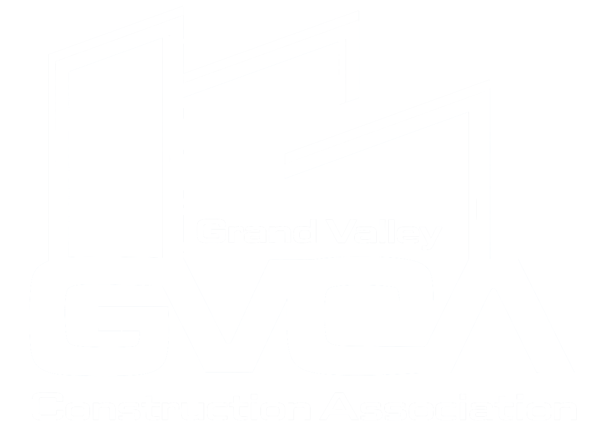 Graphic logo of Grand Valley G.M.C.A. Construction Association with stylized open books or buildings in white on a black background.