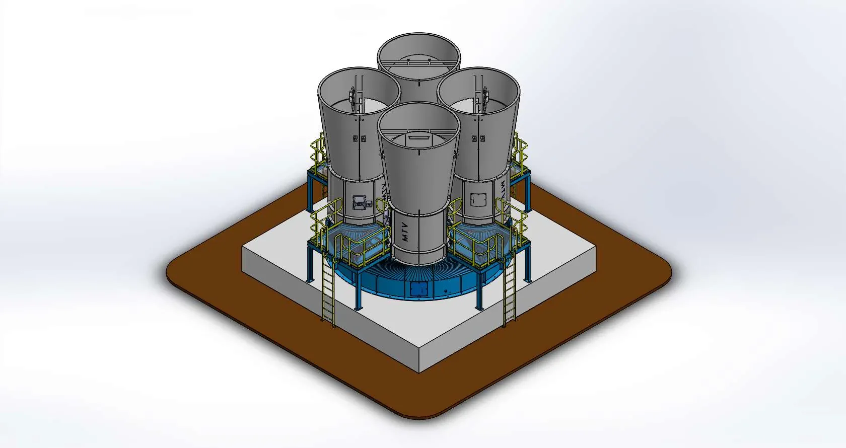 3D model of an industrial process facility with four large vertical cylindrical tanks mounted on a blue platform, enclosed by yellow safety railings with ladders, situated on a white base with a brown ground border.