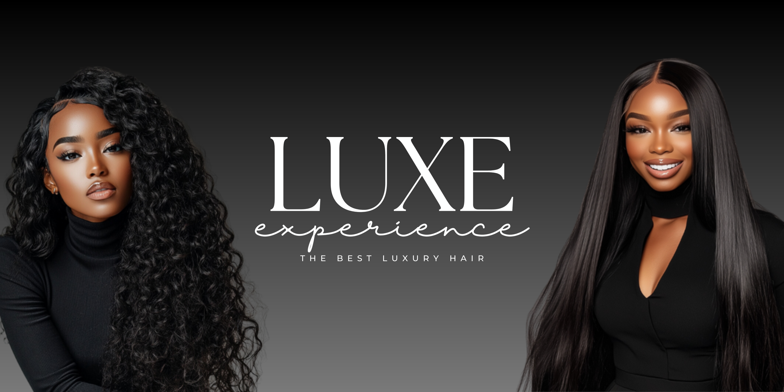 Two women with long black hair, one with curly hair and the other with straight hair, posing against a dark gradient background for a luxury hair brand advertisement.