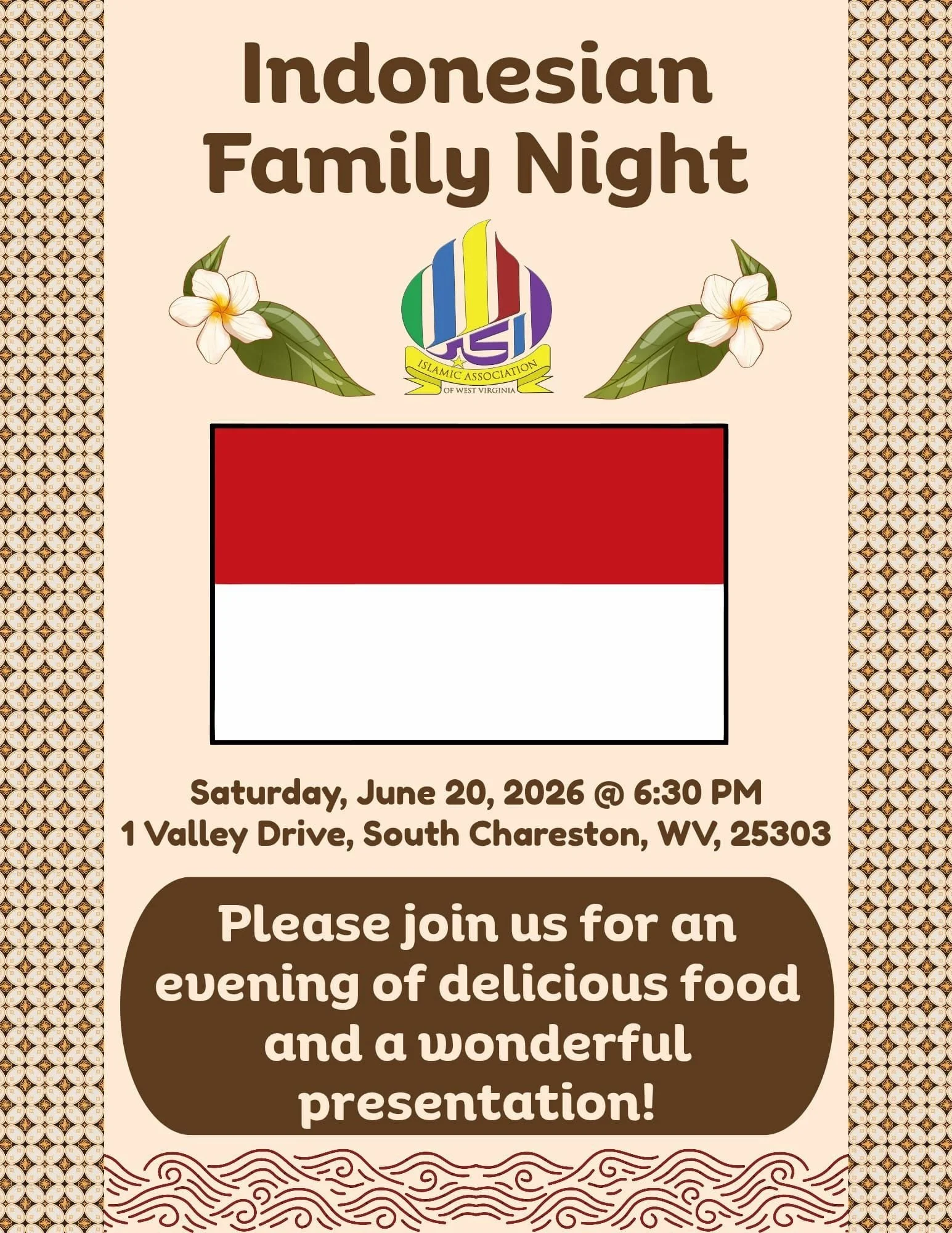 Flyer for Indonesian Family Night event hosted by the Islamic Association of West Virginia. Details include date, time, and location, with decorative floral and pattern elements.