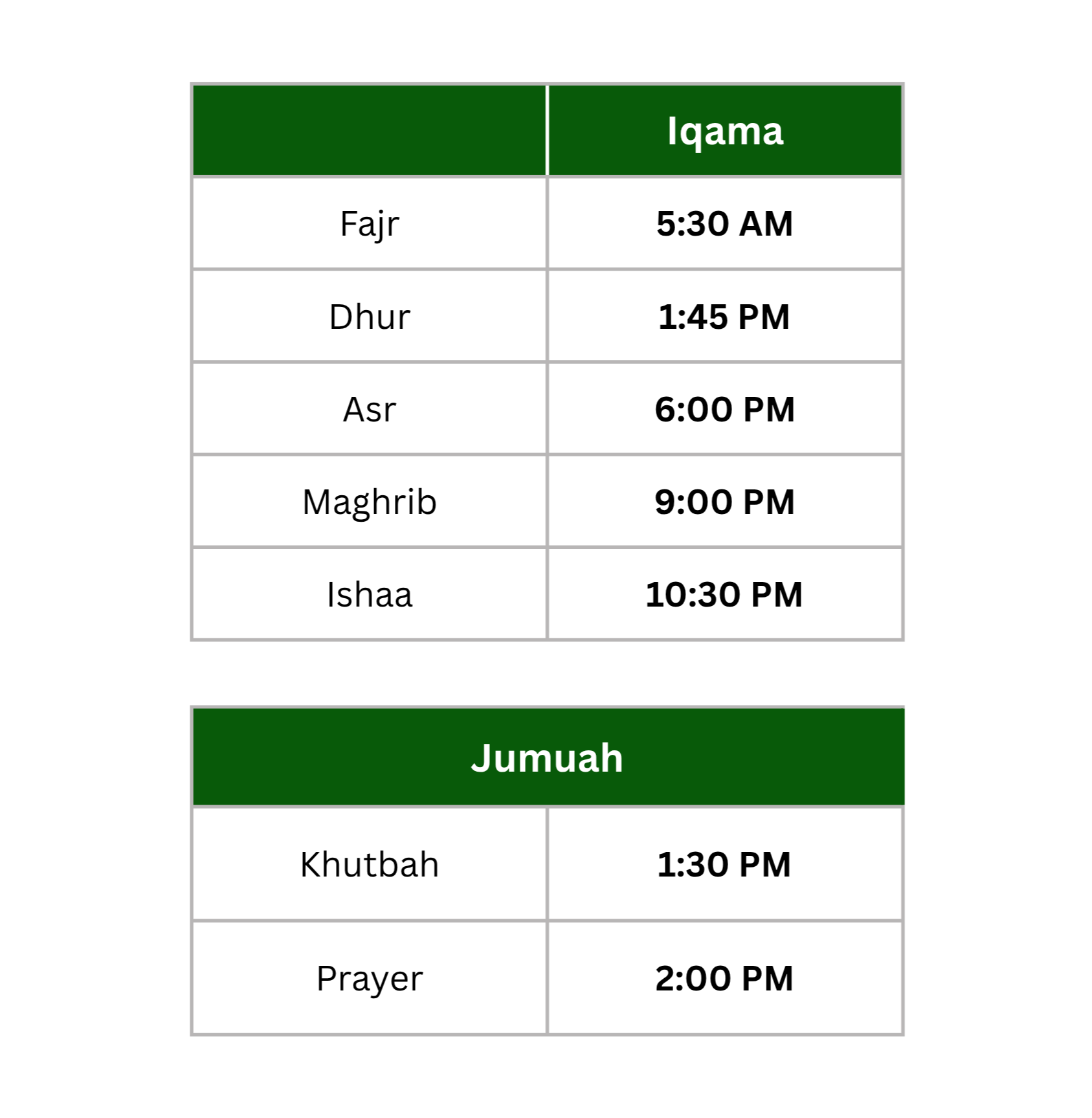 Two tables, one labeled 'Iqama' and the other labeled 'Jumuah', listing prayer times.